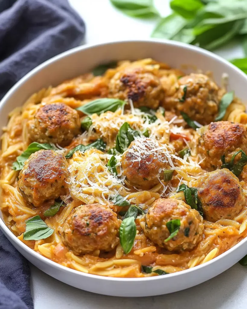 One Pan Tuscan Chicken Meatballs and Orzo First Image First Image