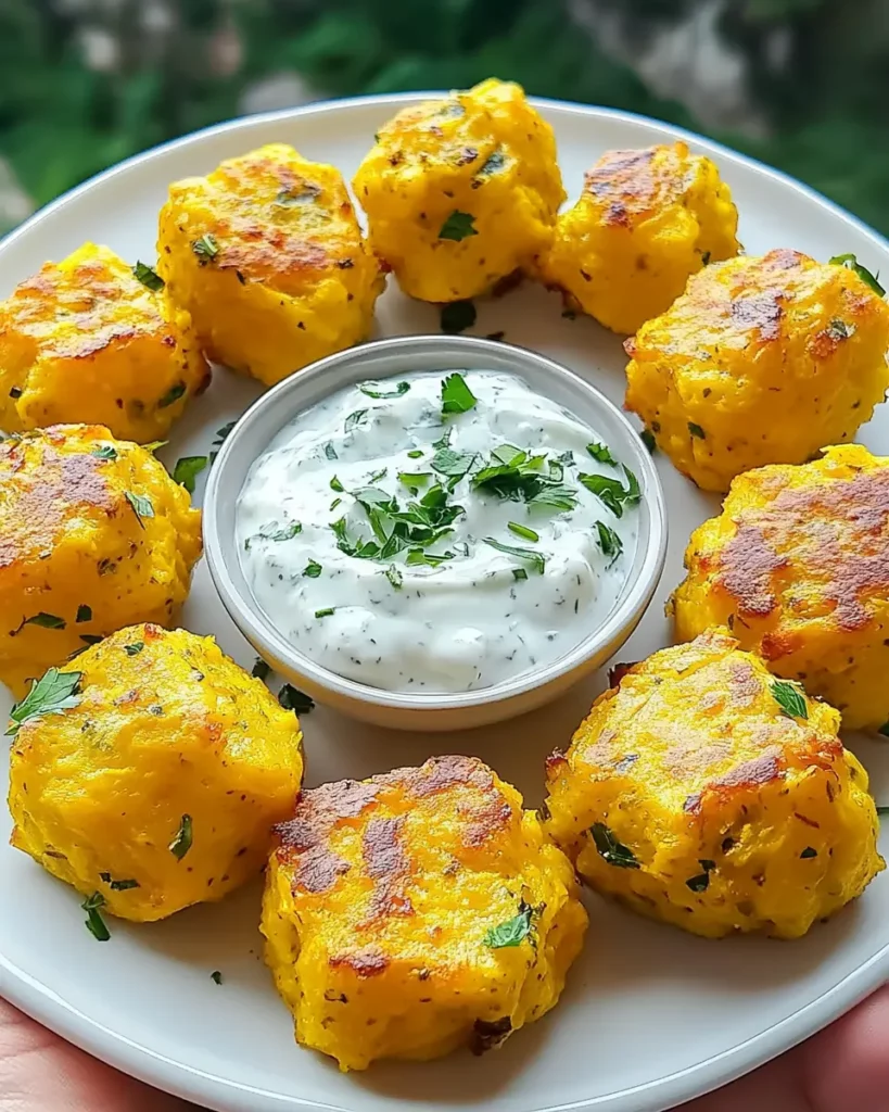 Baked Yellow Squash Tots with Greek Yogurt Herb Dip First Image First Image